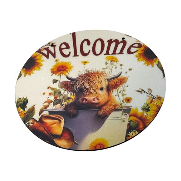 Welcome Wreath Sign with Cow and Sunflowers - Rustic Farmhouse Decor for Home - Picture 2 of 3